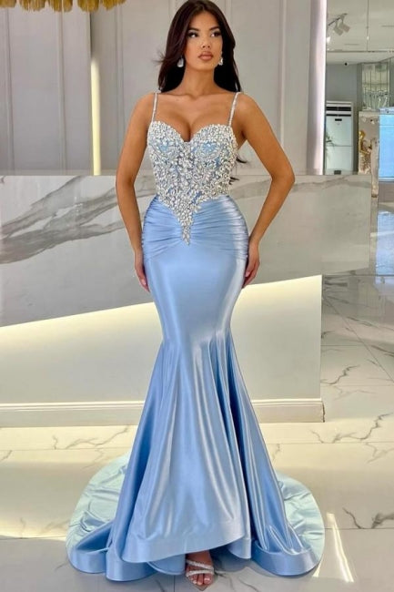 Attractive Long Mermaid Spaghetti Straps Lace Prom Dress with Train