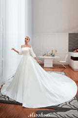 This elegant Bateau Satin,Tulle wedding dress with  could be custom made in plus size for curvy women. Plus size 3/4-Length Sleeves A-line,Ball Gown,Princess bridal gowns are classic yet cheap.