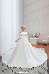 This elegant Bateau Satin,Tulle wedding dress with  could be custom made in plus size for curvy women. Plus size 3/4-Length Sleeves A-line,Ball Gown,Princess bridal gowns are classic yet cheap.