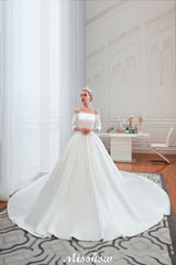 This elegant Bateau Satin,Tulle wedding dress with  could be custom made in plus size for curvy women. Plus size 3/4-Length Sleeves A-line,Ball Gown,Princess bridal gowns are classic yet cheap.