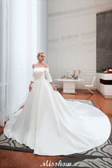 This elegant Bateau Satin,Tulle wedding dress with  could be custom made in plus size for curvy women. Plus size 3/4-Length Sleeves A-line,Ball Gown,Princess bridal gowns are classic yet cheap.