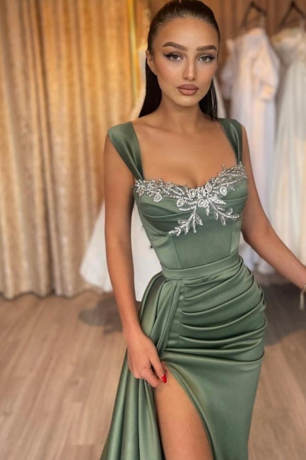 Glamorous Long Green Sleeveless Sexy Lace Satin Prom Dress with Slit