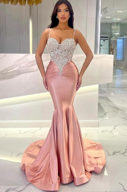 Attractive Long Mermaid Spaghetti Straps Lace Prom Dress with Train