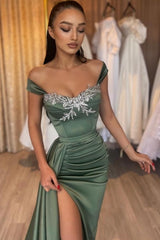 Glamorous Long Green Sleeveless Sexy Lace Satin Prom Dress with Slit