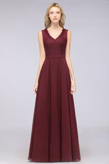 MISSHOW offers A-Line Chiffon Lace V-Neck Sleeveless Floor-Length Bridesmaid Dresses with Ruffles at a good price from Misshow