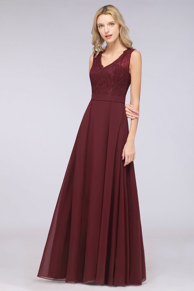 MISSHOW offers A-Line Chiffon Lace V-Neck Sleeveless Floor-Length Bridesmaid Dresses with Ruffles at a good price from Misshow