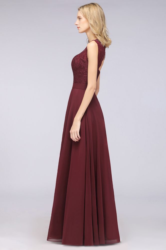 MISSHOW offers A-Line Chiffon Lace V-Neck Sleeveless Floor-Length Bridesmaid Dresses with Ruffles at a good price from Misshow