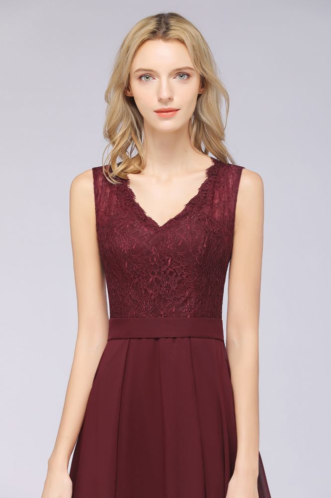 MISSHOW offers A-Line Chiffon Lace V-Neck Sleeveless Floor-Length Bridesmaid Dresses with Ruffles at a good price from Misshow