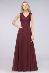 MISSHOW offers A-Line Chiffon Lace V-Neck Sleeveless Floor-Length Bridesmaid Dresses with Ruffles at a good price from Misshow