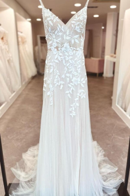 A-Line Floor-Length Sleeveless Spaghetti Straps V-Neck Split Front Wedding Dresses with Appliques