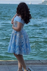 A-Line Light Blue Off The Shoulder Tulle Short Sleeve Prom Dresses with Appliques