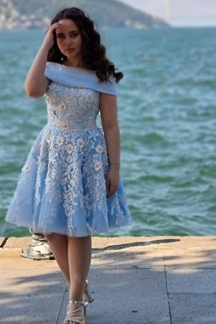 A-Line Light Blue Off The Shoulder Tulle Short Sleeve Prom Dresses with Appliques