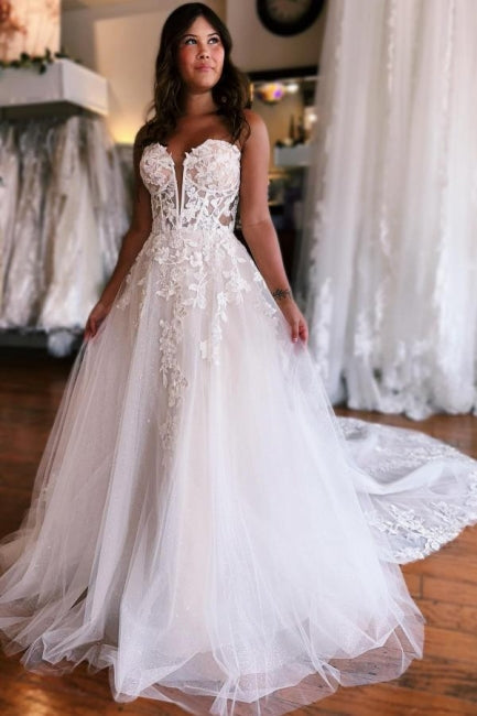 A-Line Sleeveless Floor-Length Tulle Sweetheart Wedding Dresses with Appliques