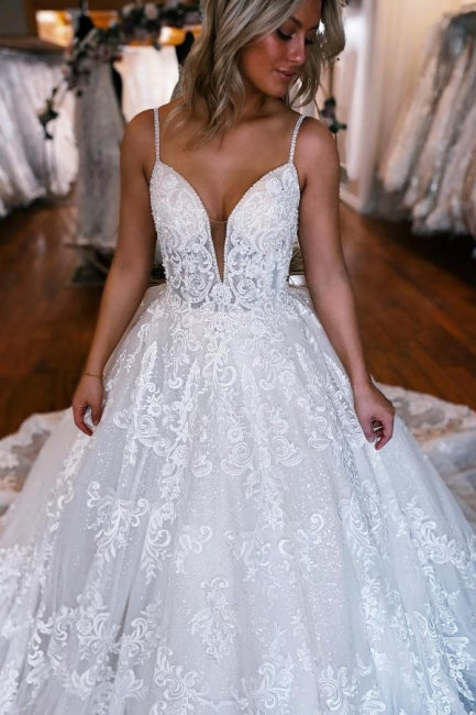 A-Line Spaghetti Straps Floor-Length Sweetheart Appliques Wedding Dresses with Lace