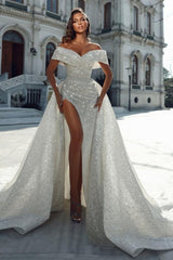 A-Line Split Front Off-The-Shoulder Stain Wedding Dresses with Sequins