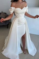 A-Line Split Front Off-The-Shoulder Sweetheart Stain Prom Dresses with Ruffles