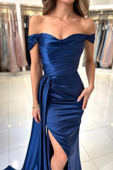 A-Line Stain Royal Blue Sweetheart Split Front Off-the-Shoulder Strapless Prom Dresses with Ruffles