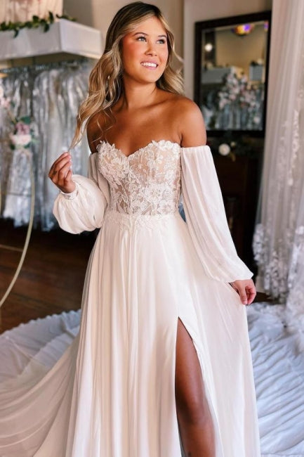 A-Line Sweetheart Long Sleeve Split Front Stain Prom Dresses with Lace