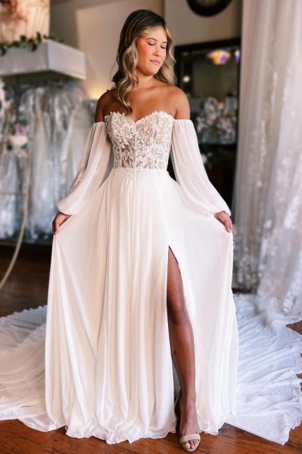 A-Line Sweetheart Long Sleeve Split Front Stain Prom Dresses with Lace