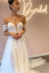 A-Line Sweetheart Off-The-Shoulder Tulle Floor-Length Wedding Dresses with Appliques