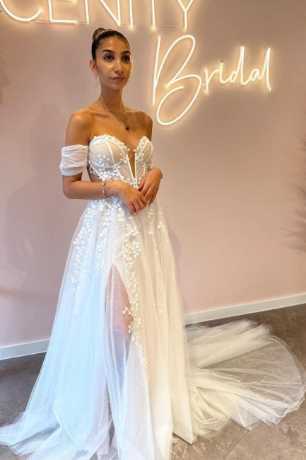 A-Line Sweetheart Off-The-Shoulder Tulle Floor-Length Wedding Dresses with Appliques