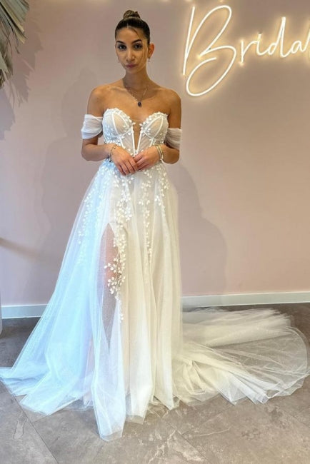 A-Line Sweetheart Off-The-Shoulder Tulle Floor-Length Wedding Dresses with Appliques