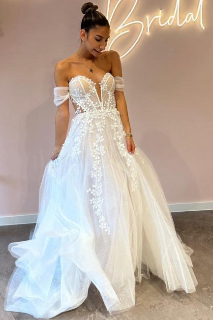 A-Line Sweetheart Off-The-Shoulder Tulle Floor-Length Wedding Dresses with Appliques