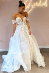 A-Line Sweetheart Off-The-Shoulder Tulle Floor-Length Wedding Dresses with Appliques