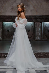 A-Line Tulle Strapless Mermaid Floor-Length Wedding Dresses with Lace