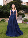 Beautiful A-line V-Neck Glitter Beadings Floor Length Dress with Appliques Navy