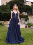 Beautiful A-line V-Neck Glitter Beadings Floor Length Dress with Appliques Navy