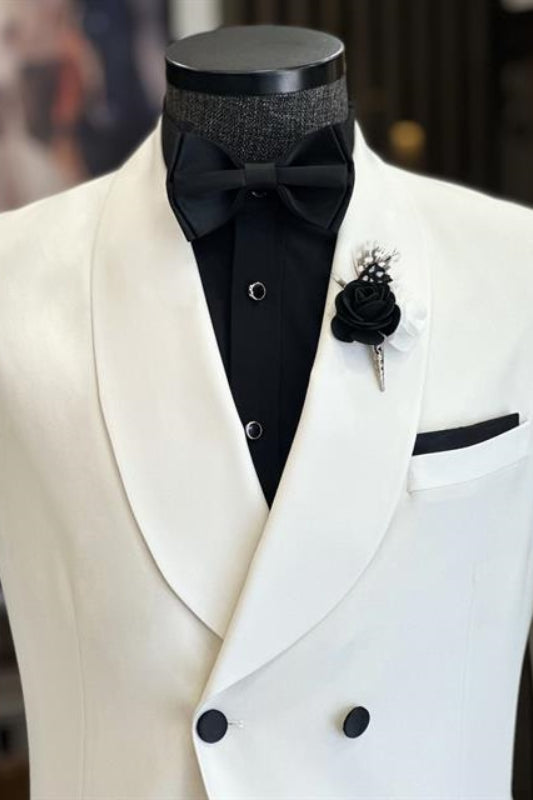 Aaron Minimalist Ivory Shawl Collar Double Breasted Groom's Wedding Suit