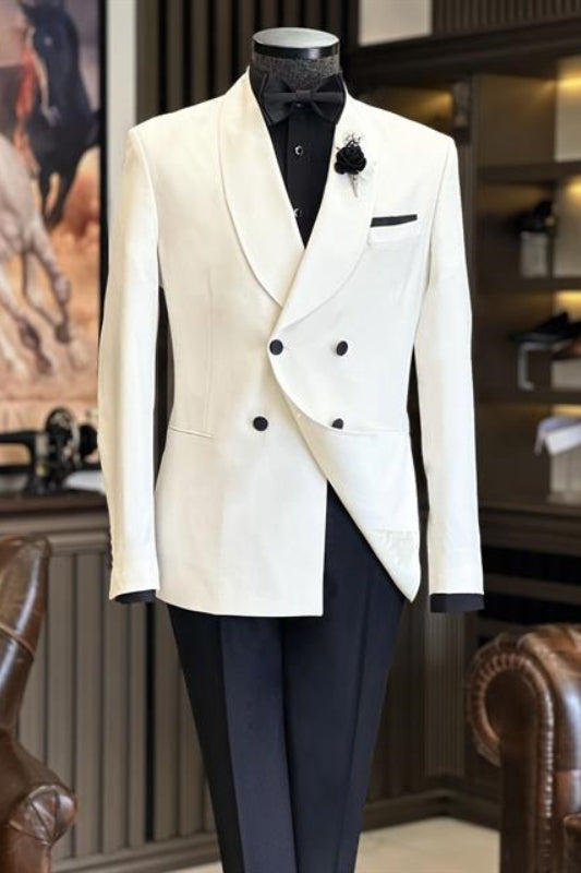 Aaron Minimalist Ivory Shawl Collar Double Breasted Groom's Wedding Suit