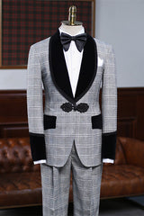 Abbott Elegant Gray Shawl Collar Plaid Groom's Wedding Suit