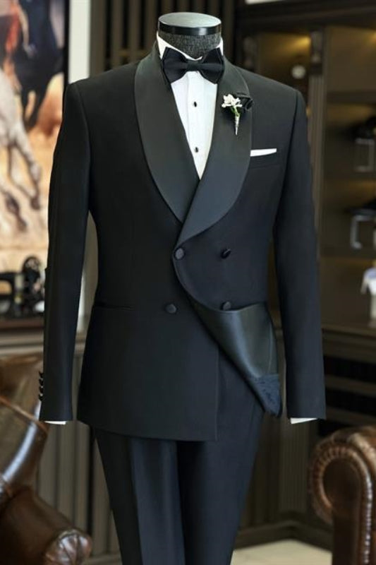 Abbott Trendy Black Shawl Collar Double Breasted Groom's Wedding Attire