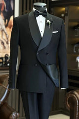 Abbott Trendy Black Shawl Collar Double Breasted Groom's Wedding Attire