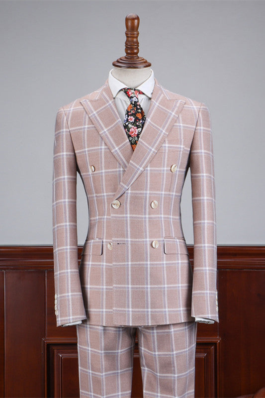 Abdul Elegant Light Pink Peak Lapel Plaid Business Suit for Men