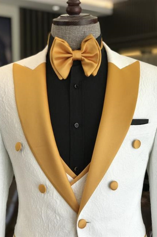 Abel Contemporary White Three-Piece Jacquard Groom's Suit With Yellow Peak Lapel