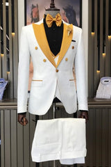 Abel Contemporary White Three-Piece Jacquard Groom's Suit With Yellow Peak Lapel