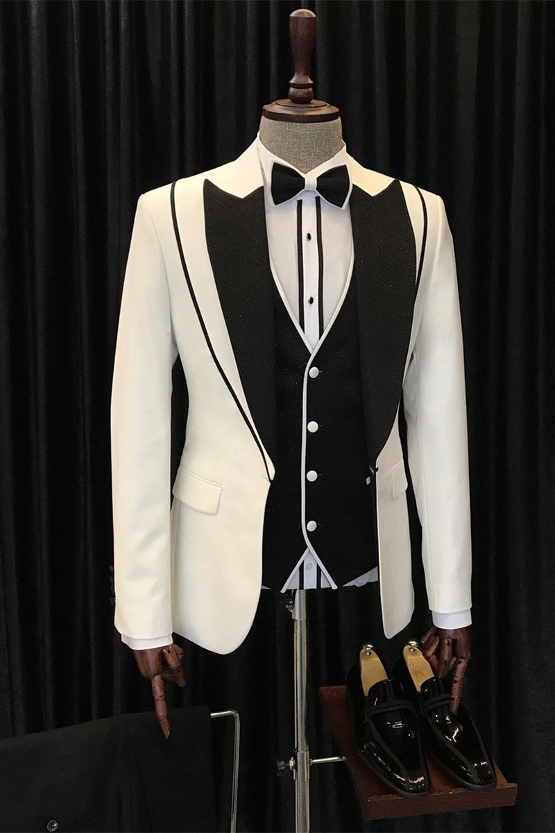 Abel Elegant White and Black Peaked Lapel Three-Piece Wedding Suit