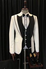 Abel Elegant White and Black Peaked Lapel Three-Piece Wedding Suit