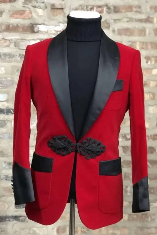 Abner Stylish Red Velvet Groom's Suit With Black Satin Lapel