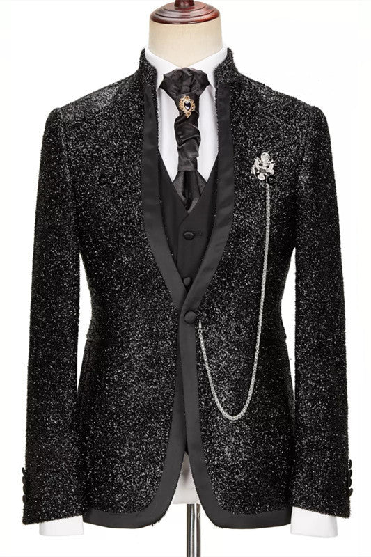 Abraham Black Shiny Stand Collar Fashion Three-Piece Prom Suit