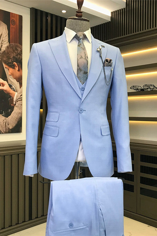 Adair Stylish Sky Blue Three-Piece Peaked Lapel Prom Suit For Men