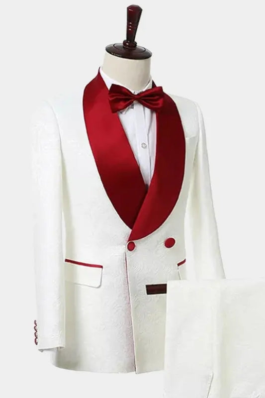 Adam Most Recent White Double-Breasted Jacquard Wedding Suit With Red Shawl Collar