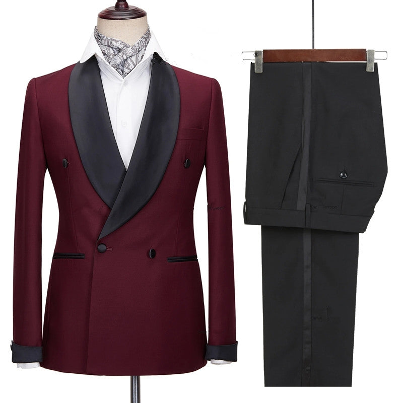 Addison Burgundy Trim Fit Wedding Suit With Black Shawl Collar