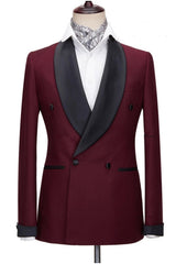 Addison Burgundy Trim Fit Wedding Suit With Black Shawl Collar