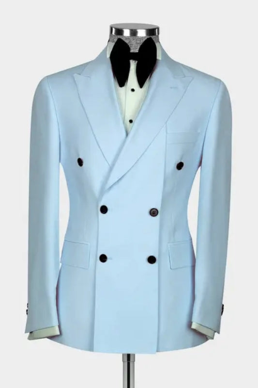 Adolph Sky Blue Peaked Lapel Double Breasted Contemporary Prom Outfit