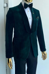 Adonis Elegant Dark Green Shawl Collar Two-Piece Velvet Wedding Outfit