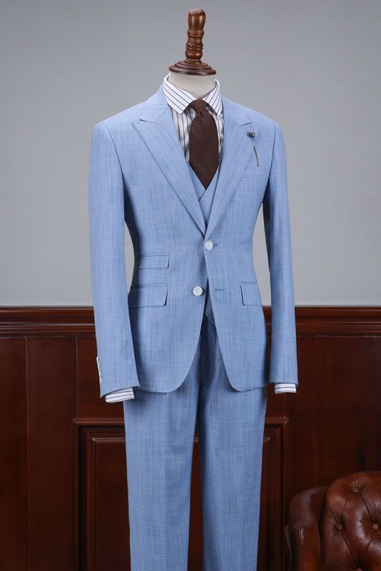 Adonis New Sky Blue Small Plaid Three Flaps Men’s Business Suit